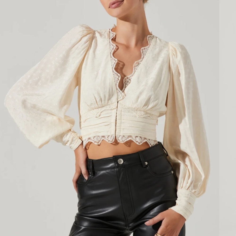 ZANNA FLORAL JACQUARD LACE TRIM LONG SLEEVE TOP
